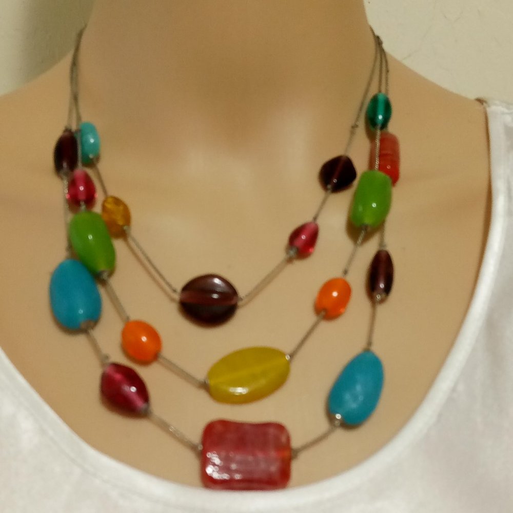Colorful Fun Glass Necklace Signed NY